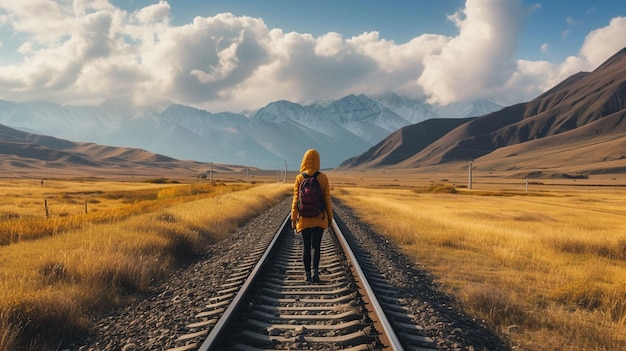 Foto frau geht auf der eisenbahn in den bergen reise- und abenteuerkonzept