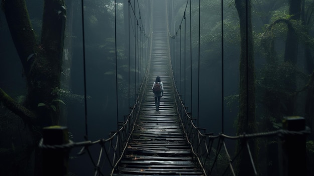 Foto frau geht auf der hängebrücke im regenwald