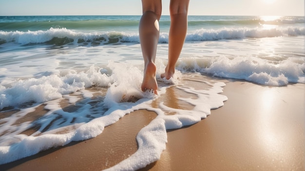 Frau geht barfuß auf einem schönen, ruhigen Sandstrand im Resort oder Hotel. Ozeanwellen surfen über ihre Füße.
