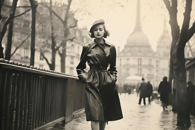 Frau geht durch Paris im Jahr 1950 vintage monochromatisch