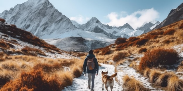 Frau geht mit dem Hund auf einem schönen Bergweg im Herbst und Winter mit schneebedeckten Gipfeln im Freien Generative KI