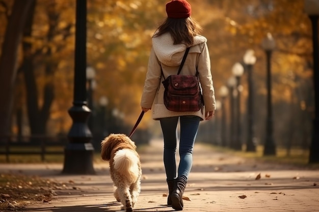 Frau geht mit dem Hund im Park spazieren