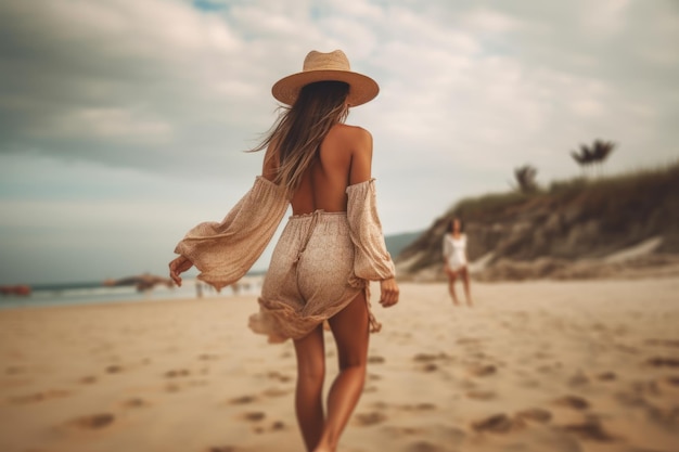 Frau geht mit Hut am Strand spazieren