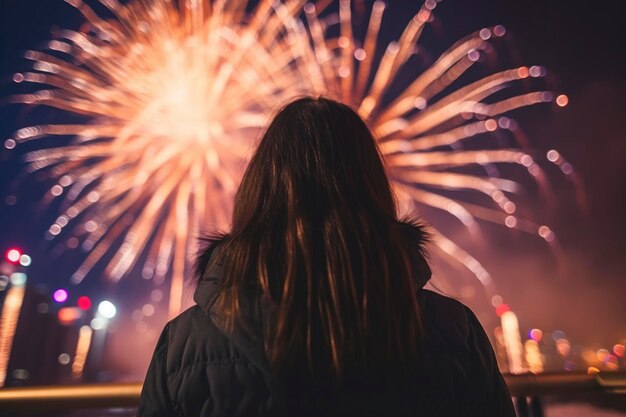 Frau genießt das Feuerwerk, eine Nacht voller Feierlichkeiten, die Ai erzeugte