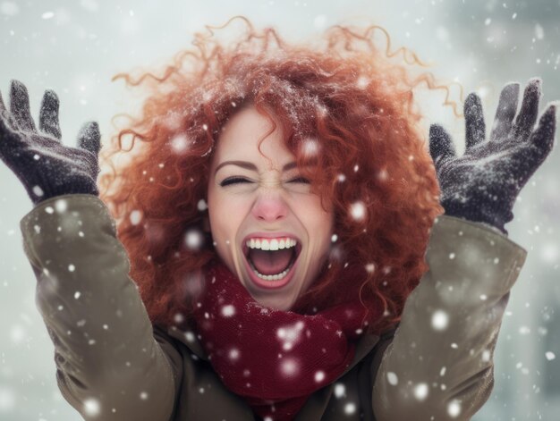 Foto frau genießt den wintertag in emotionaler, verspielter pose