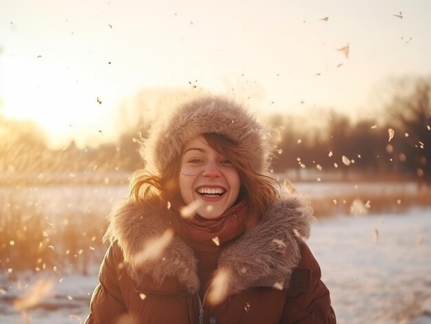 Foto frau genießt den wintertag in emotionaler, verspielter pose