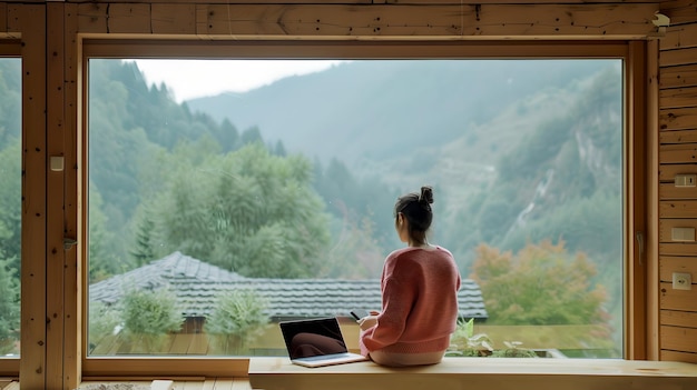 Frau genießt einen ruhigen Bergblick von einer Holzhütte aus Entfernter Arbeits-Lebensstil inmitten der Natur Ruhige und nachdenkliche Umgebung perfekt für Entspannung und Inspiration KI