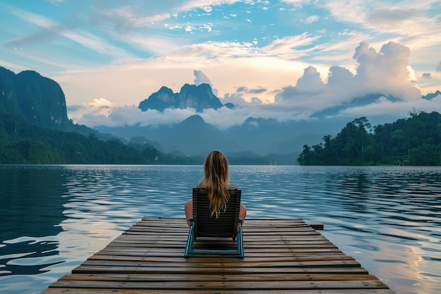 Frau genießt es, in einem gemütlichen Stuhl am Flusspier einen ruhigen Tagtraum zu sitzen. Weite Aussicht auf die Berge mit wolkenverhangenem Himmel in der Morgendämmerung