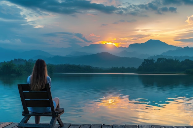Frau genießt es, in einem gemütlichen Stuhl am Flusspier einen ruhigen Tagtraum zu sitzen. Weite Aussicht auf die Berge mit wolkenverhangenem Himmel in der Morgendämmerung