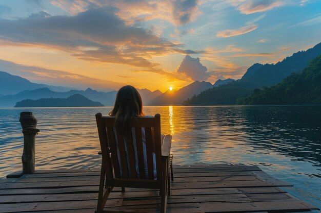 Frau genießt es, in einem gemütlichen Stuhl am Flusspier einen ruhigen Tagtraum zu sitzen. Weite Aussicht auf die Berge mit wolkenverhangenem Himmel in der Morgendämmerung