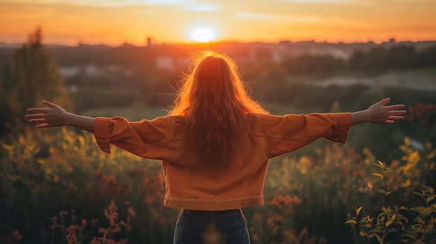 Foto frau genießt sonnenuntergang in der natur warme farben im freien hintergrundkonzept von freiheit und glück generative ki