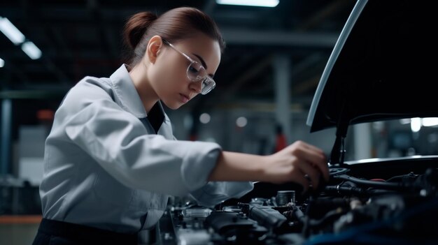 Frau gestaltet sich bei einem Auto-Teile-Engineering-Event in der Garage mit Auto-Motor