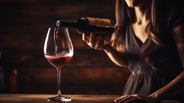Foto frau gießt rotwein in eine flasche an der bar