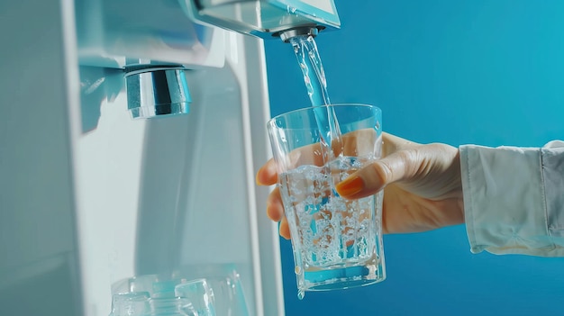 Frau gießt Wasser aus dem Kühlschrank in ein Glas auf blauem Hintergrund