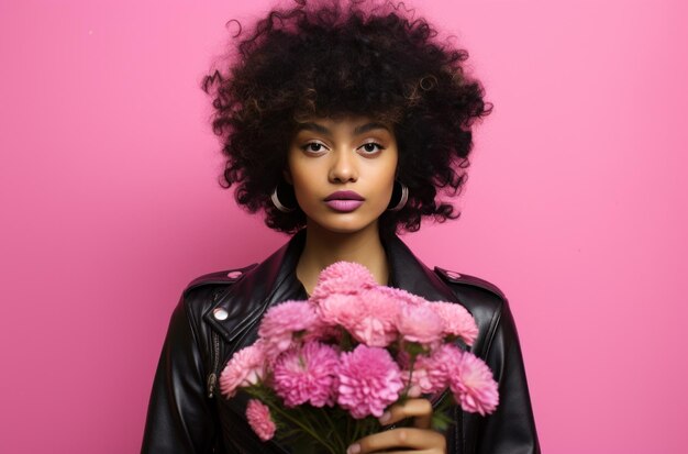 Foto frau hält blumen vor rosa hintergrund