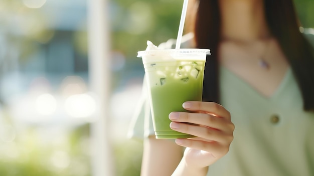 Frau hält ein Glas schmackhafte Matcha-Latte auf verschwommenem Hintergrund in Nahaufnahme