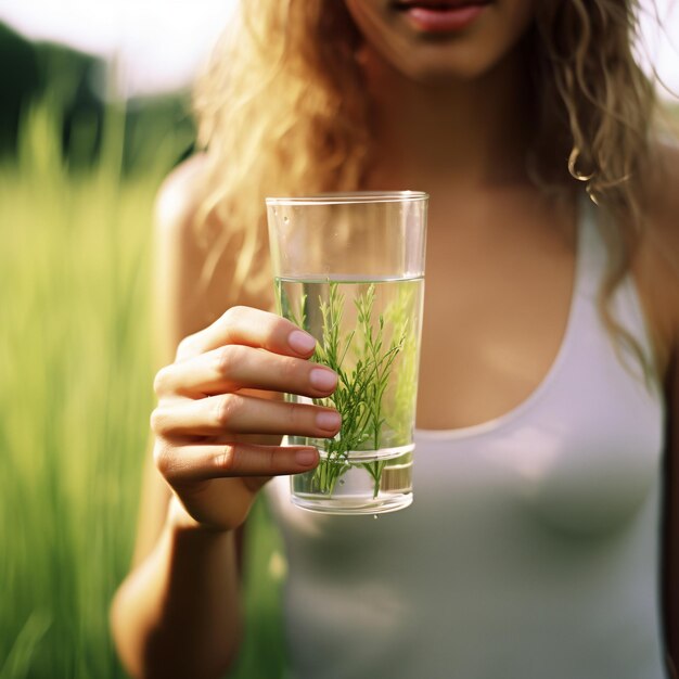 Foto frau hält ein glas wasser mit weizengras