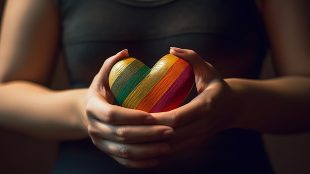 Frau hält ein Herz in der Hand, das wie eine LGBT-Flagge bemalt ist und mit generativer KI-Technologie erstellt wurde