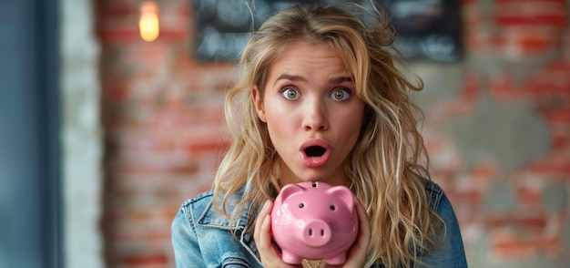 Frau hält ein Sparschwein mit offenem Mund Inflation weltweit Foto