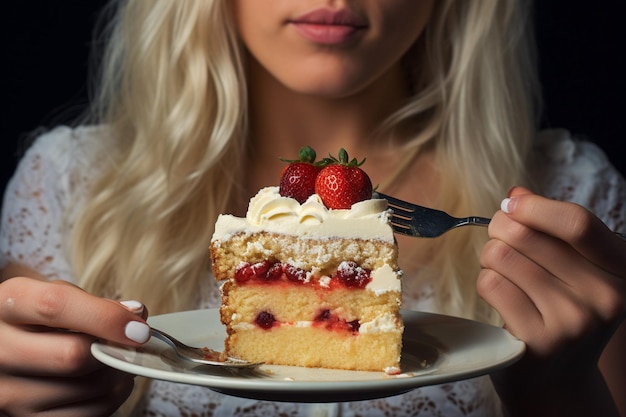 Frau hält ein Stück Kuchen mit einer Gabel