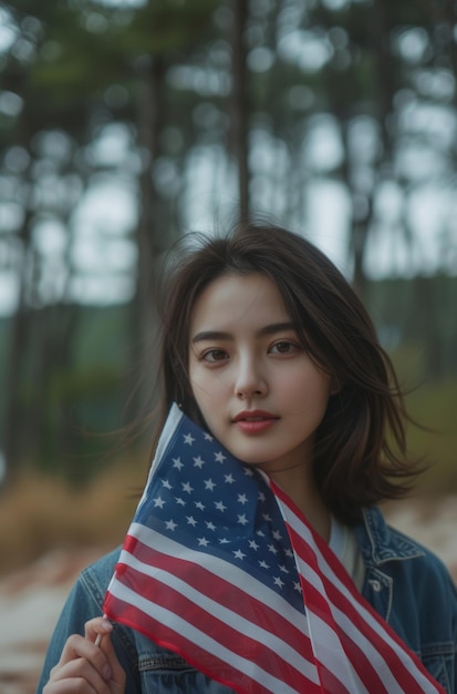 Foto frau hält eine amerikanische flagge vor bäumen amerikaner mit flaggenfoto