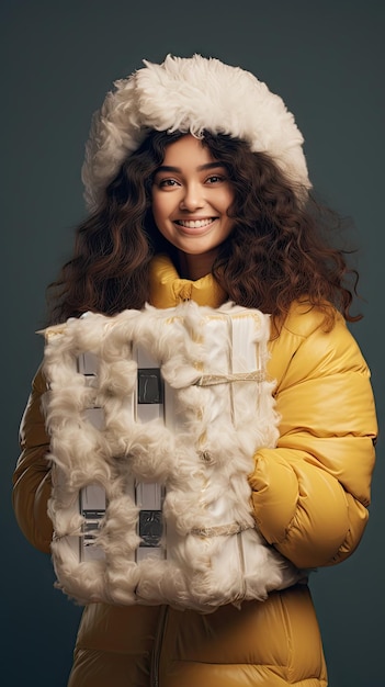 Frau hält eine Kiste in Winterkleidung