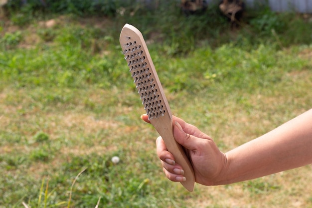 Frau hält eine Metallbürste in der Hand