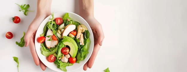 Frau hält eine Platte Salat mit Huhn und Tomaten