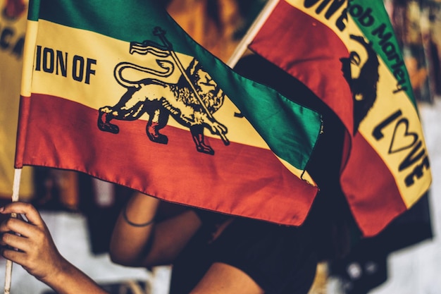 Foto frau hält eine rastafari-flagge