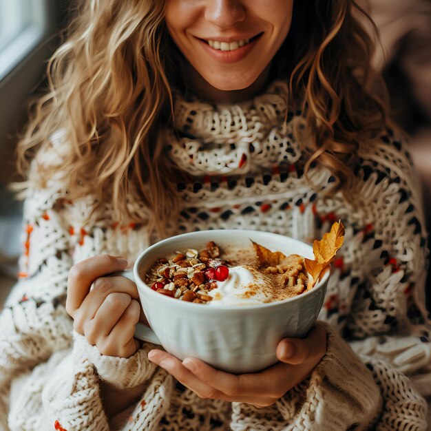 Frau hält eine Schüssel mit Müsli und Kaffee