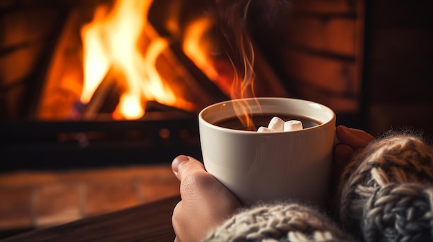 Foto frau hält eine tasse heiße schokolade oder kaffee in der hand am weihnachtsfeuer. frau entspannt sich am warmen feuer mit einer tasse heißem getränk.