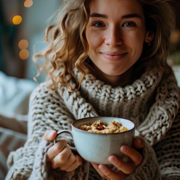 Frau hält eine Tasse Müsli auf einem Sofa mit Weihnachtsbeleuchtung