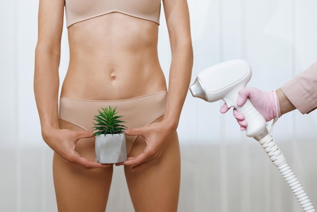 Foto frau hält einen kaktus auf dem hintergrund eines höschens, nahaufnahme der haarentfernung im bikinibereich