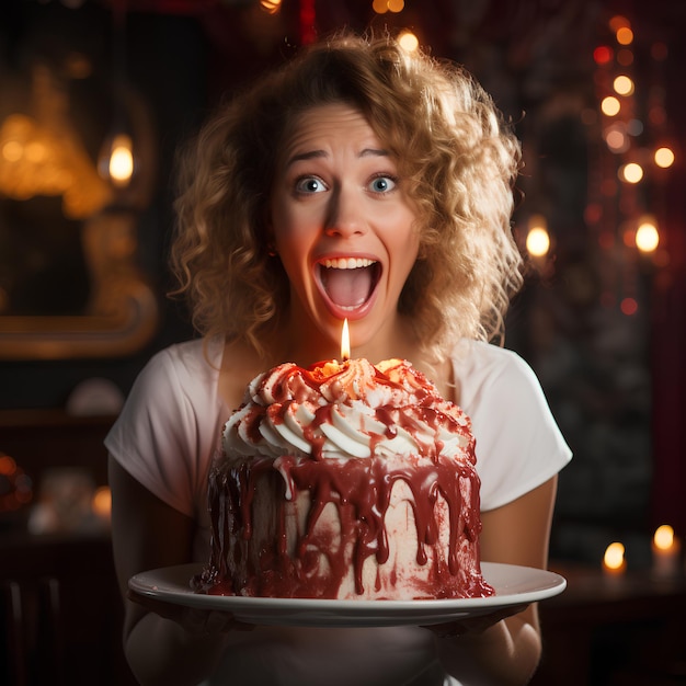 Frau hält einen rot-weißen Kuchen mit einer Überraschung drin