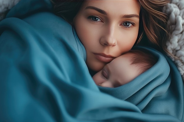 Frau hält entzückendes Baby in der Hand, eingewickelt in eine blaue Decke. Generative KI
