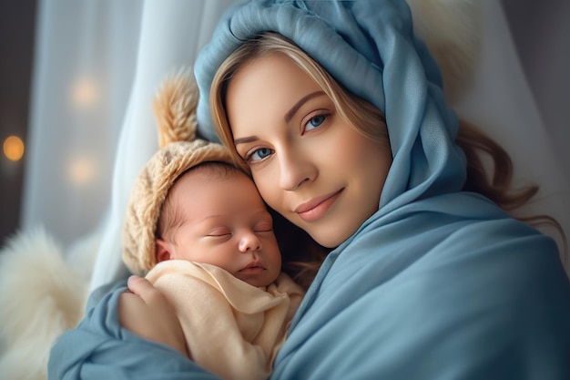 Frau hält entzückendes Baby in der Hand, eingewickelt in eine blaue Decke. Generative KI
