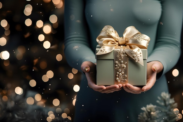 Frau hält Geschenkbox in den Händen. Eine schicke Weihnachtsgeschenkbox mit Bokeh-Glitzer für Weihnachten und Neujahr