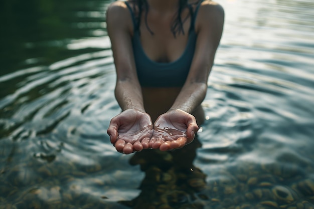 Foto frau hält ihre hände im wasser