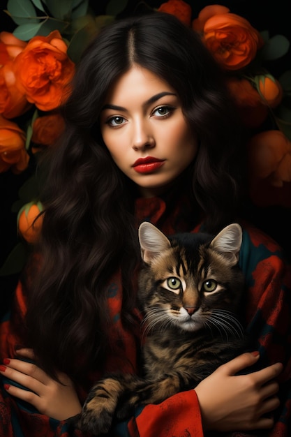 Frau hält Katze im Arm mit orangefarbenen Blumen im Hintergrund Generative KI