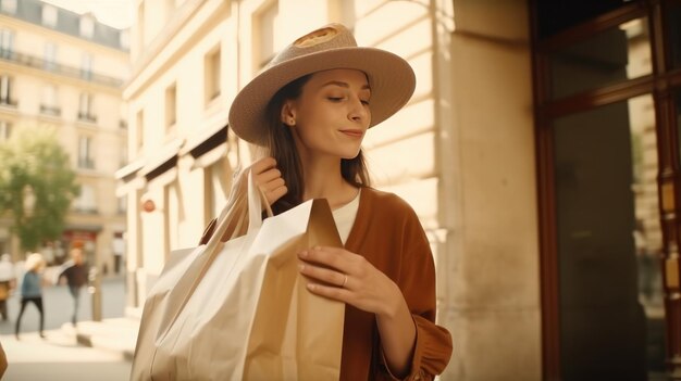 Frau hält Parisien Baguette-Brot in einer biologisch abbaubaren Papiertüte