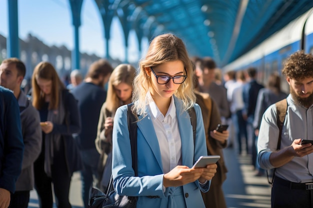 Frau hält Smartphone vor einer Gruppe von Menschen, die neben einem Zug stehen