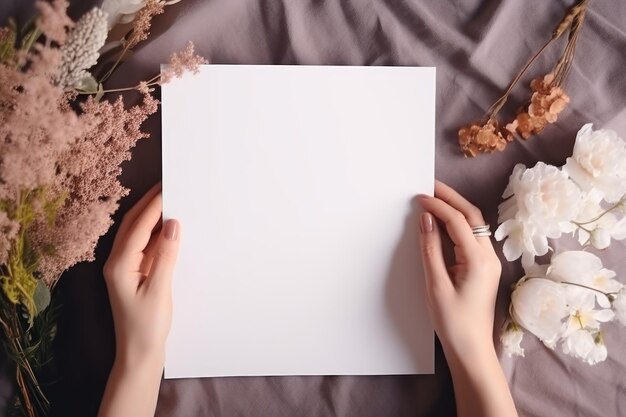 Frau hält weißes Papier mit Blumenhintergrund in der Hand