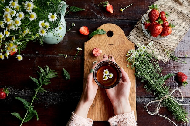 Frau Hände halten Tasse Kamillentee Atmosphärischer Sommertisch mit frischen Erdbeeren natürlicher Kamillentee und Minze Ästhetischer weiblicher Sommerlebensstil Schönes Essen