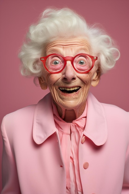 Foto frau halloween-brille offenes glück im ruhestand gruseliges porträt schock lebensstil alter erwachsener humor hintergrund überraschung