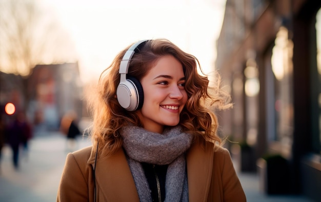 Frau hört Musik mit Kopfhörern auf der Straße Winterkleidung