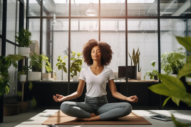 Foto frau im büro macht yoga, pause zwischen den arbeitspausen, entspannung im büro, gymnastik.