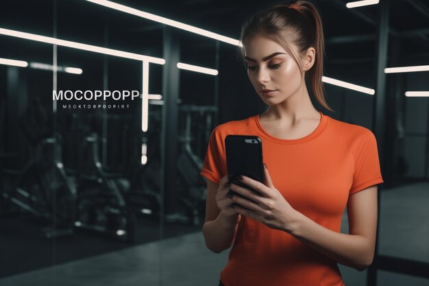 Foto frau im fitnessstudio mit smartphone-vorlage