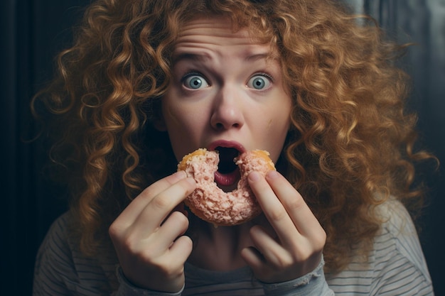 Foto frau im freien genießt einen leckeren donut und eine tasse kaffee