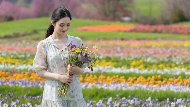 Frau im Frühling mit einem Blumenstrauß