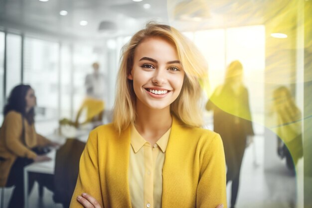 Foto frau im gelben büro, fröhliche unternehmerin, geschäftsfrau, lächeln, erwachsene, lockiges geschäft, generative ki